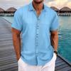 Mens Casual Loose Jacquard Striped Short Sleeve Button Down Shirt