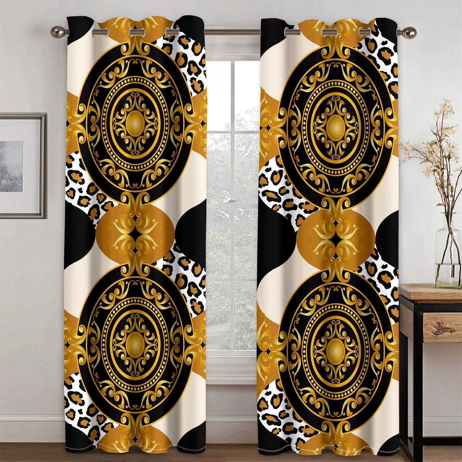 

3D Baroque Black Gold Luxury Window Curtains 2PCS Modern Shading Grommet For Living Room Bedroom Decor W50xH130(CM)x2PCS-Rod pocket