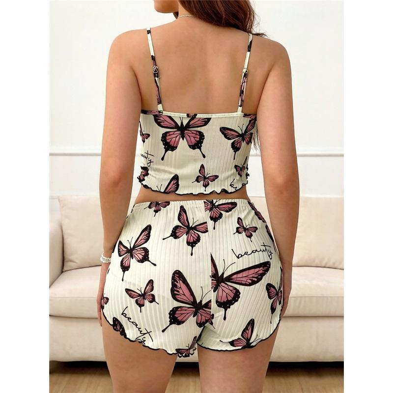 Women's Butterfly Print 2-Piece Loungewear Cami Top & Shorts Pajama Set Soft Milk Silk Sleepwear