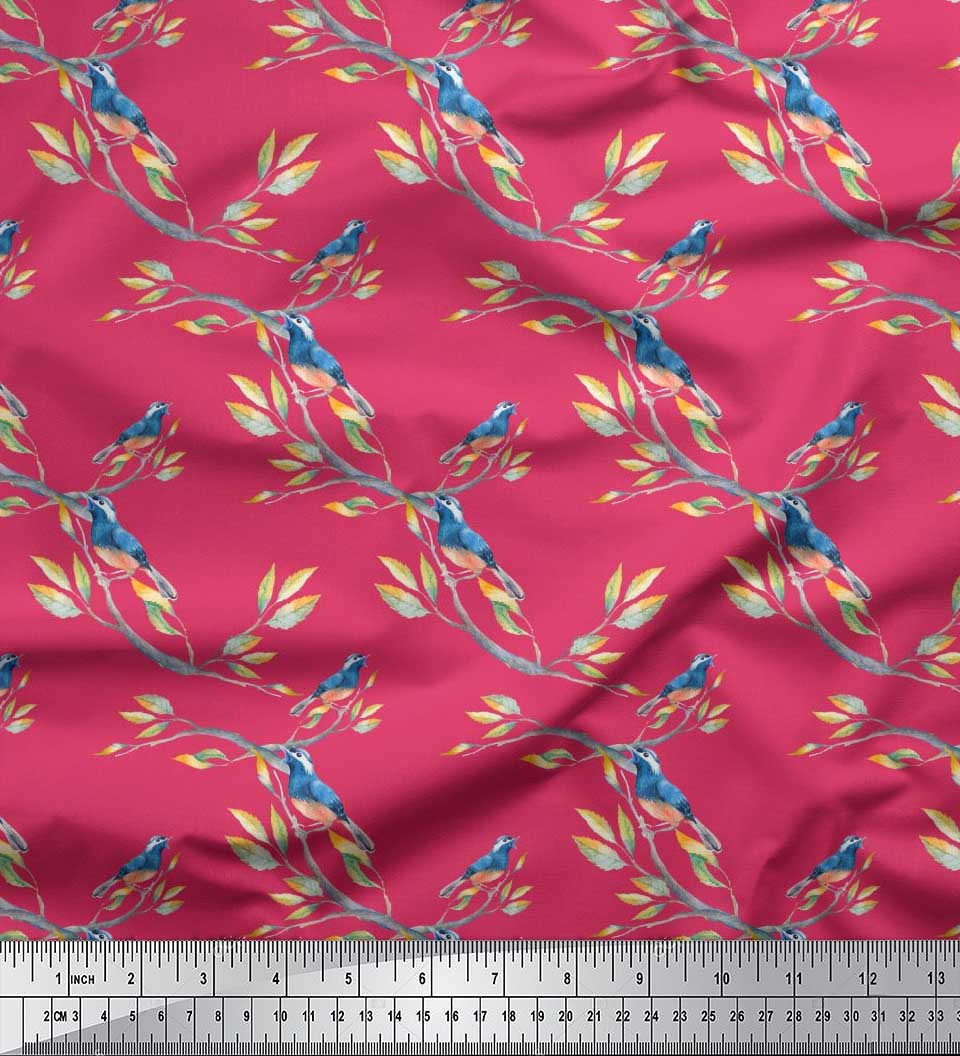 

Японська креп-атласна тканина Soimoi, гілка, листя та пташиний принт, метр 42 дюйми 42 Inch Wide - Poly Crepe рожевий