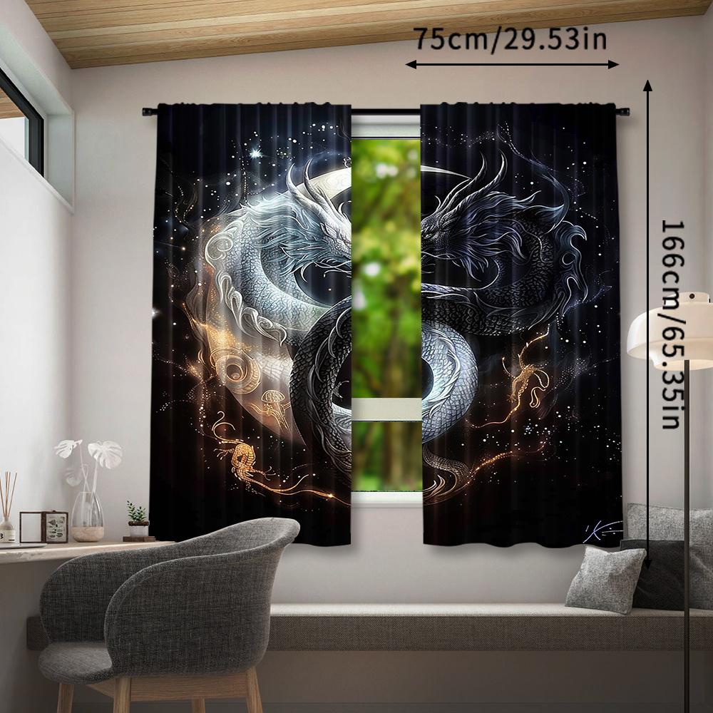 2pcs Yin-Yang Dragon Tai Chi Design Curtains - Celestial Motifs   Rod Pocket   Semi-Transparent Polyester   Ideal for Living Room