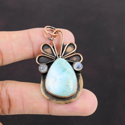 Larimar Pendant Rainbow Moonstone Pendant Copper Jewelry Natural Gemstone Pendant Modern Jewelry Wonderful Handmade Pendant Gift For Mother