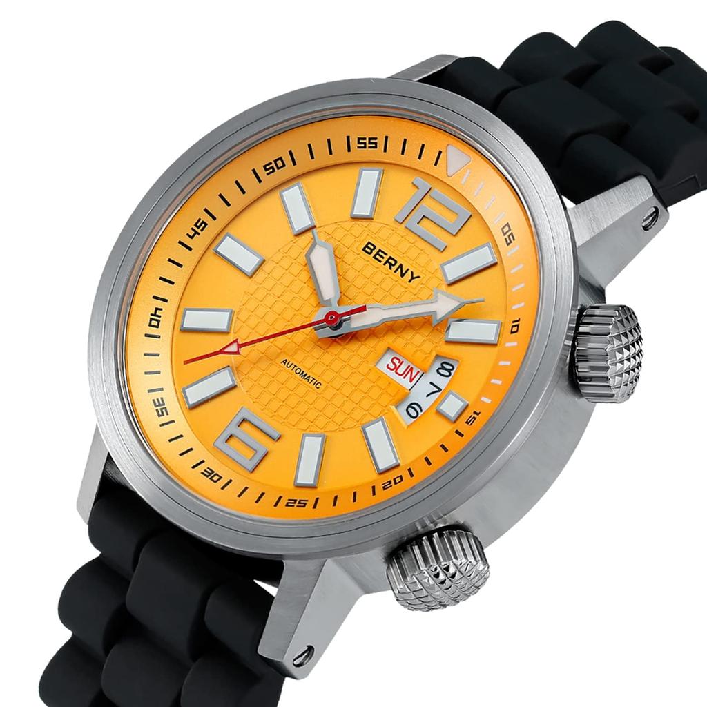 BERNY Men's Automatic Mechanical Dive Watch, Self-Winding, Sport Silicone Strap, 20ATM Waterproof, Sapphire Glass, Super Luminous