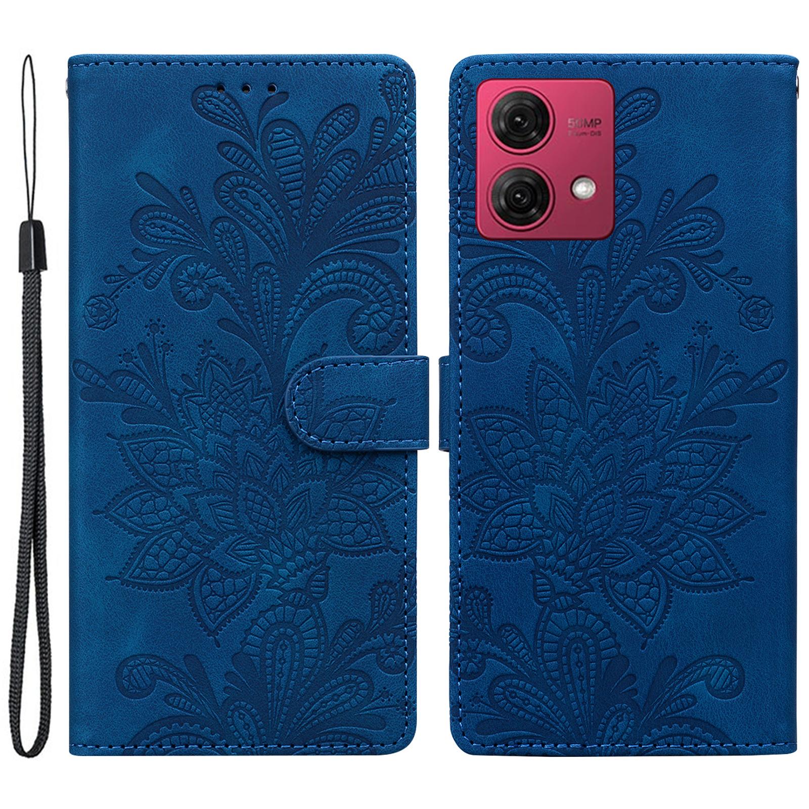 

For Motorola Moto G84 5G Case Imprinted Lace Flowers PU Leather Wallet Phone Cover Dark Blue