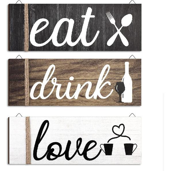 Jetec 3 Pcs Farmhouse Kitchen Wall Decor Rustic Wooden Home Eat Drink Love Sign with Hanging Hole for Home Dining Living Room Bar Cafe Decor(Vivid