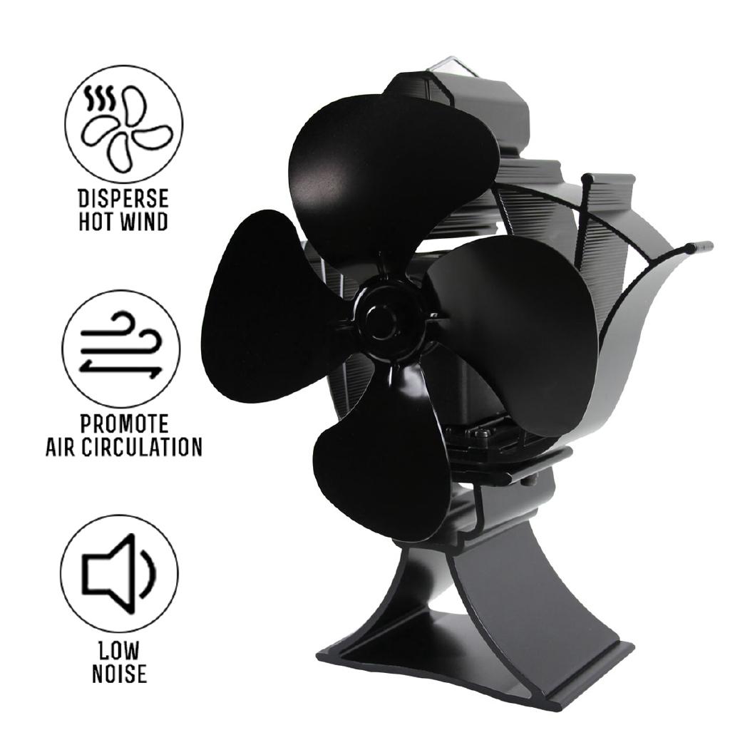 4Blade Stove Fan Fireplace Fan Swing Head Heat Powered Wood Burner Efficient Eco-friendly Home Heat Distribution Black New