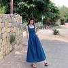 Blue Sleeveless Denim Suspender Dress Dress Women's Spring and Summer New Square Collar Waist Thin French Temperament Long Dress