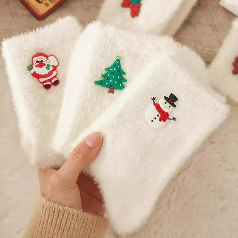 5pairs White Mink Fur Socks Soft Warm Winter Socks Women Christmas Santa Reindeer Snowman Cozy Fuzzy Plush Boot Home Sockings