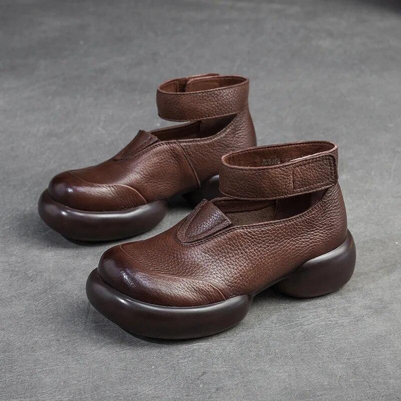 Johnature Genuine Leather Round Toe Thick Sole Pumps Casual Comfortable Hook & Loop Women's Shoes