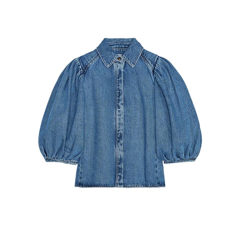 

Lapel Puff Sleeves Denim Shirt 5216053 Washing Effect High Waist Wide Leg Denim 6840055 Blue Tops L