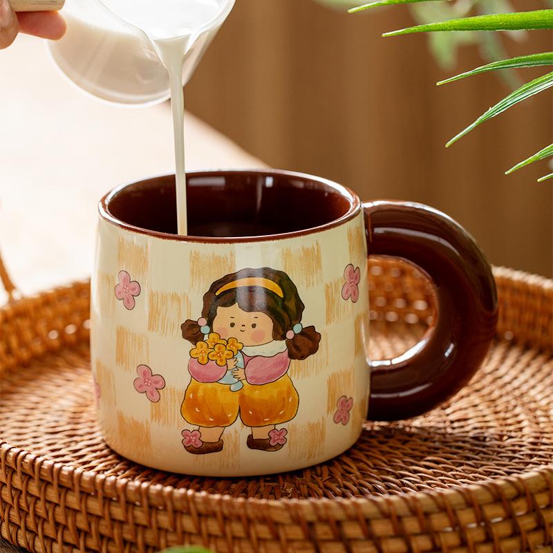Retro Style Girl Pastoral Style Ceramic Mug Best Friend Drinking Water Breakfast Cup Creative Girl Activity Souvenir