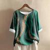 Women's Fashionable And Casual Shirt Half-sleeve Round Neck Print Cotton And Linen Blouse Top
