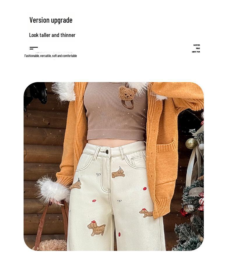 Women's Trendy High-Waist Embroidered Velvet Wide-Leg Jeans for Winter 2025