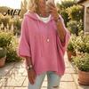 Fall Pullover Sweater Autumn Women Knit Sweater, Loose Fit Drawstring Hooded Solid Color 3/4 Sleeve Drop Shoulder Casual Long Tops