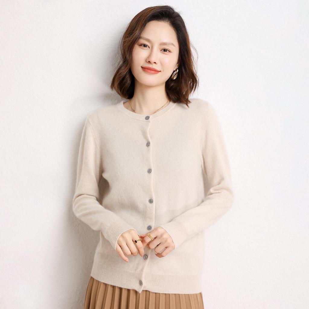 Women's Long Sleeve Cashmere Cardigan - Plain Round Neck Knitwear for Autumn/Winter