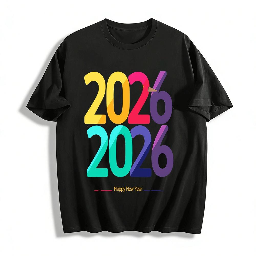 

2026 New Year Themed Color Block Digital Print Casual Versatile Top Pure cotton T-shirt XXS