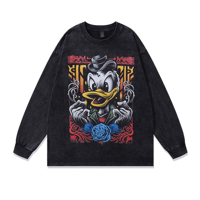 High Street Men'S T-Shirt Beauty Tide Vintage Cartoon Printing Washed Cotton Short Sleeve T-Shirt Men