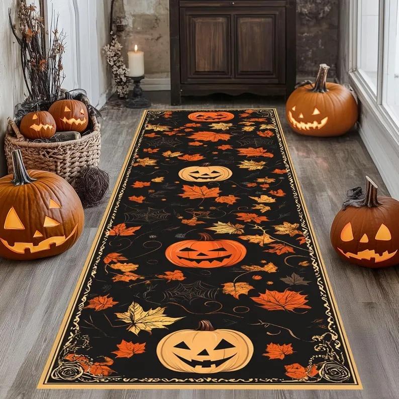 Halloween Runner Rug Abstract Pumpkin Skull Carpet Kitchen Anti-Slip Spider Web Printed Rugs For Living Room Home Decor