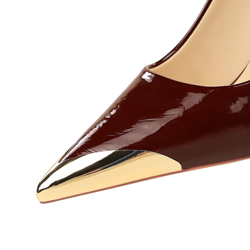 Shallow Heeled High Heels for Women, Pointed Iron Toe Decorative Super High Heels, Patent Leather Single Shoes