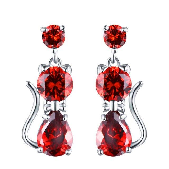 

Женские серьги с милыми животными и кошками для девочек, круглые серьги с серебряным наполнением 925 пробы, фиолетовые, зеленые, красные, с цирконием, грушевидной огранки, хрустальные серьги, ювелирные изделия красный