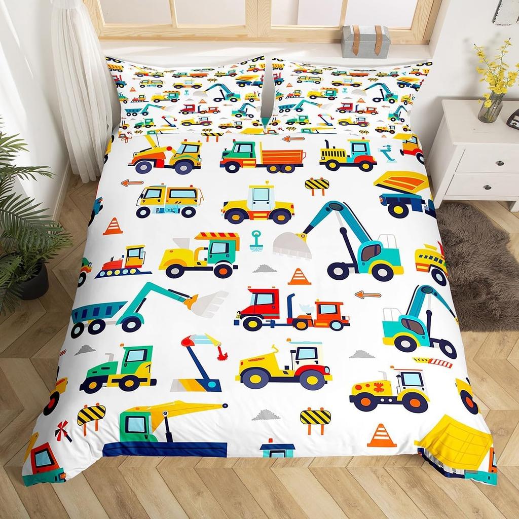 Colorful Cartoon Car Duvet Cover Set Twin King Train Truck Police Car Print Quilt Cover Cartoon Vehicle Bedding Set For Boy Teen
