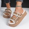 Fashion Platform Women Slippers Fashion Plus Warm Cotton Shoes Women Winter New Round Toe Slippers Open Toe Metal Buckle Slides Women