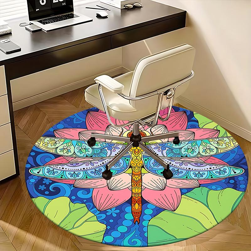 Colorful Dragonfly Office Carpet Chair Mats, Vibrant Lotus Design for Home Decor, Office Carpet Gift, Suitable for Bedroom, Living Room, Various Room