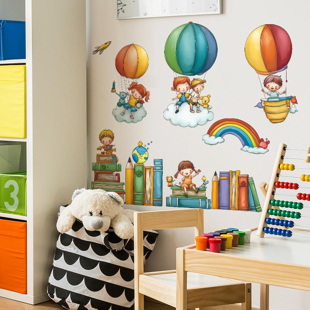 Cartoon Knowledge Paradise and Hot Air Balloon Rainbow Study Home Decoration and Beautification Wall Stickers
