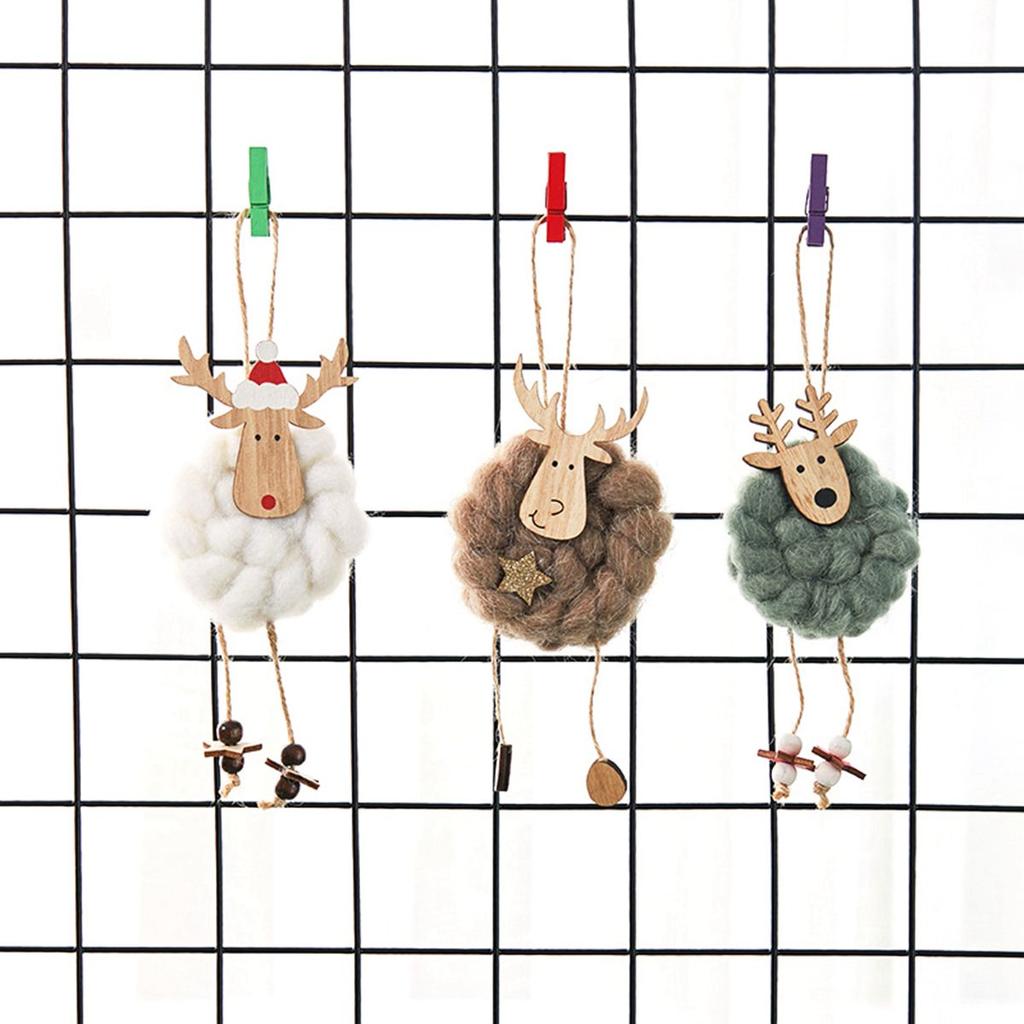 Cute Antler Deer Wool Felt Snowman Ornaments Hanging Pendant Wooden Elk Christmas Tree Decoration