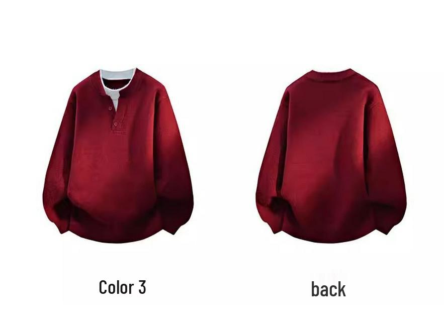Men's Loose Casual Red Knit Henley Sweater - Autumn/Winter Trend