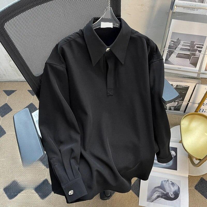 Preppy Stil Erkek Gömlek Sonbahar Kış Bol Yaka Erkek Kazak Bol Çok Yönlü Düz Renk Uzun Kollu Bluz