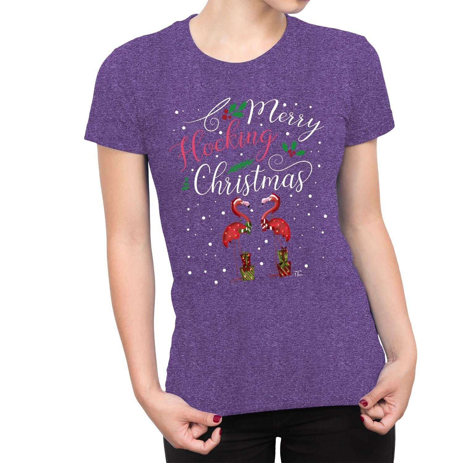 1Tee Womens Merry Flocking Christmas Flamingo Holly T-Shirt S