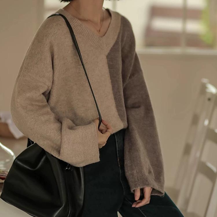 European Chic V-Neck Color Block Pure Wool Women's Sweater, Autumn Winter Loose Knit Pullover.