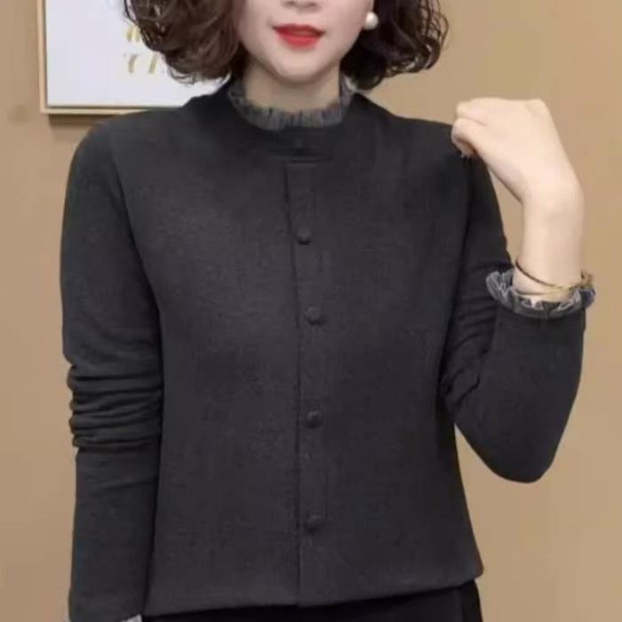 

Autumn/Winter Ruffle Stand Collar Long Sleeve Warm Top for Middle-Aged and Elderly Women 5XL
