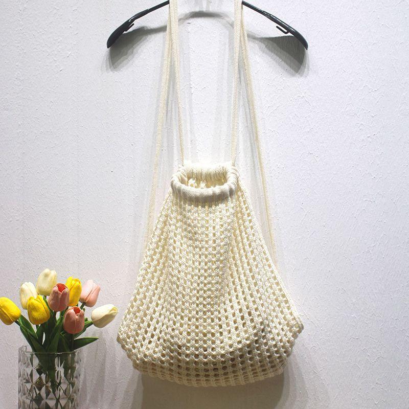 New simple woven mesh pocket drawstring backpack ins wind knitted tote bag cross-border small fresh