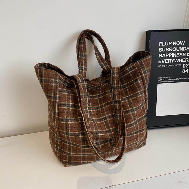 Women's Large Capacity Tote Bag Plaid Handbag Commuter Shoulder Bag