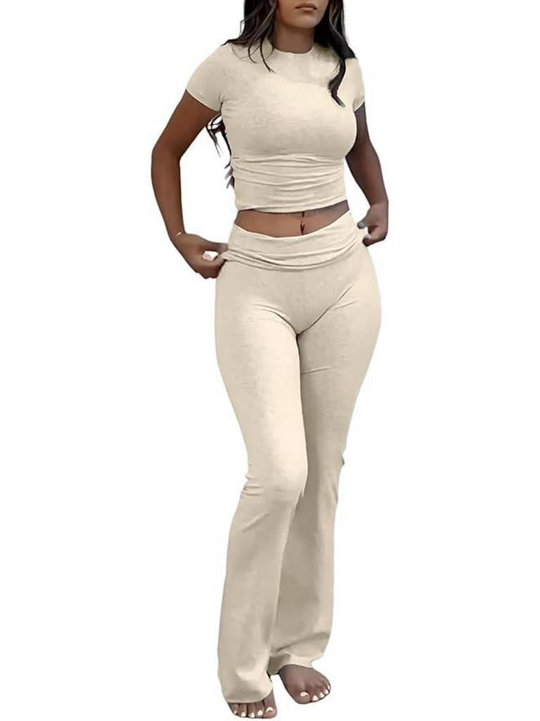 Women's Casual Workout Two-piece Set - Round Neck T-shirt & Low-waisted Flared Pants