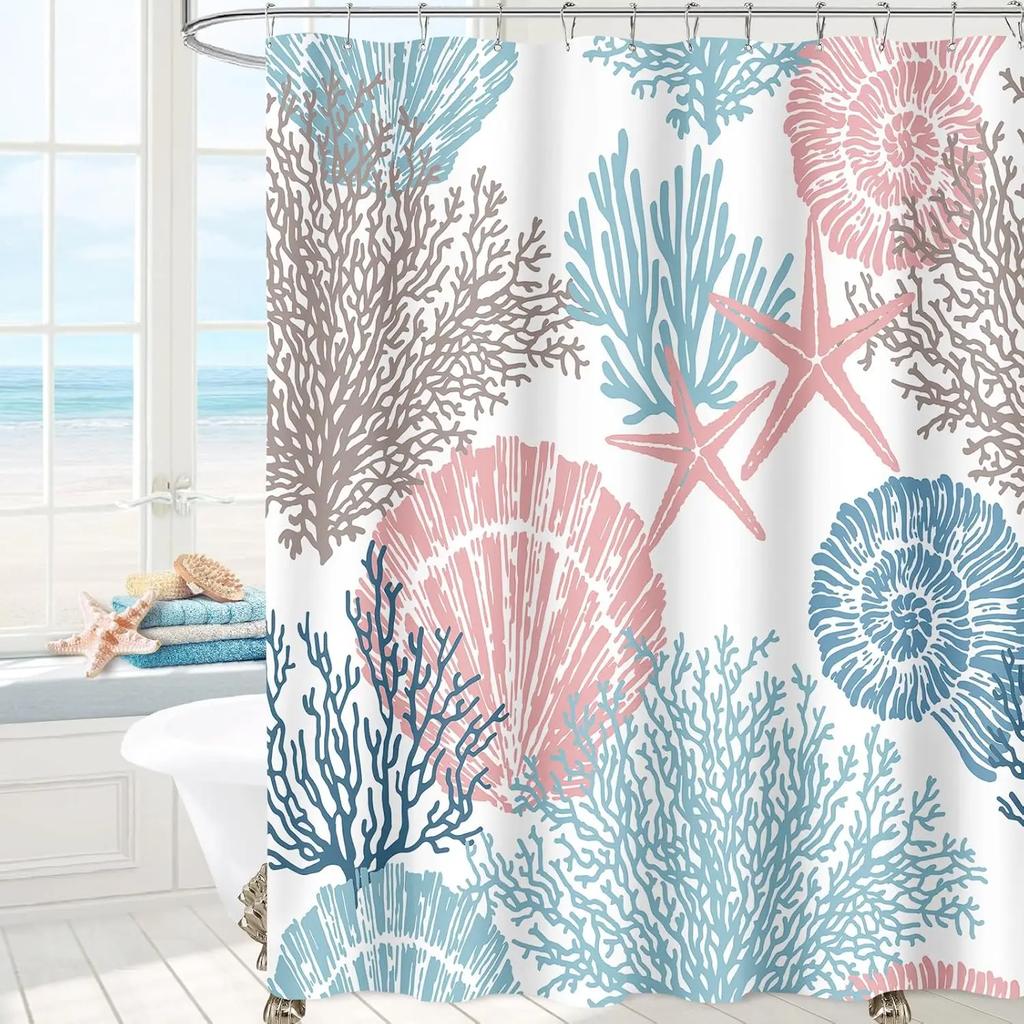 GAEBeach Ocean Themed Shower Curtain, Teal Blue Nautical Coastal Decor, Tropical Fabric Set with Hooks