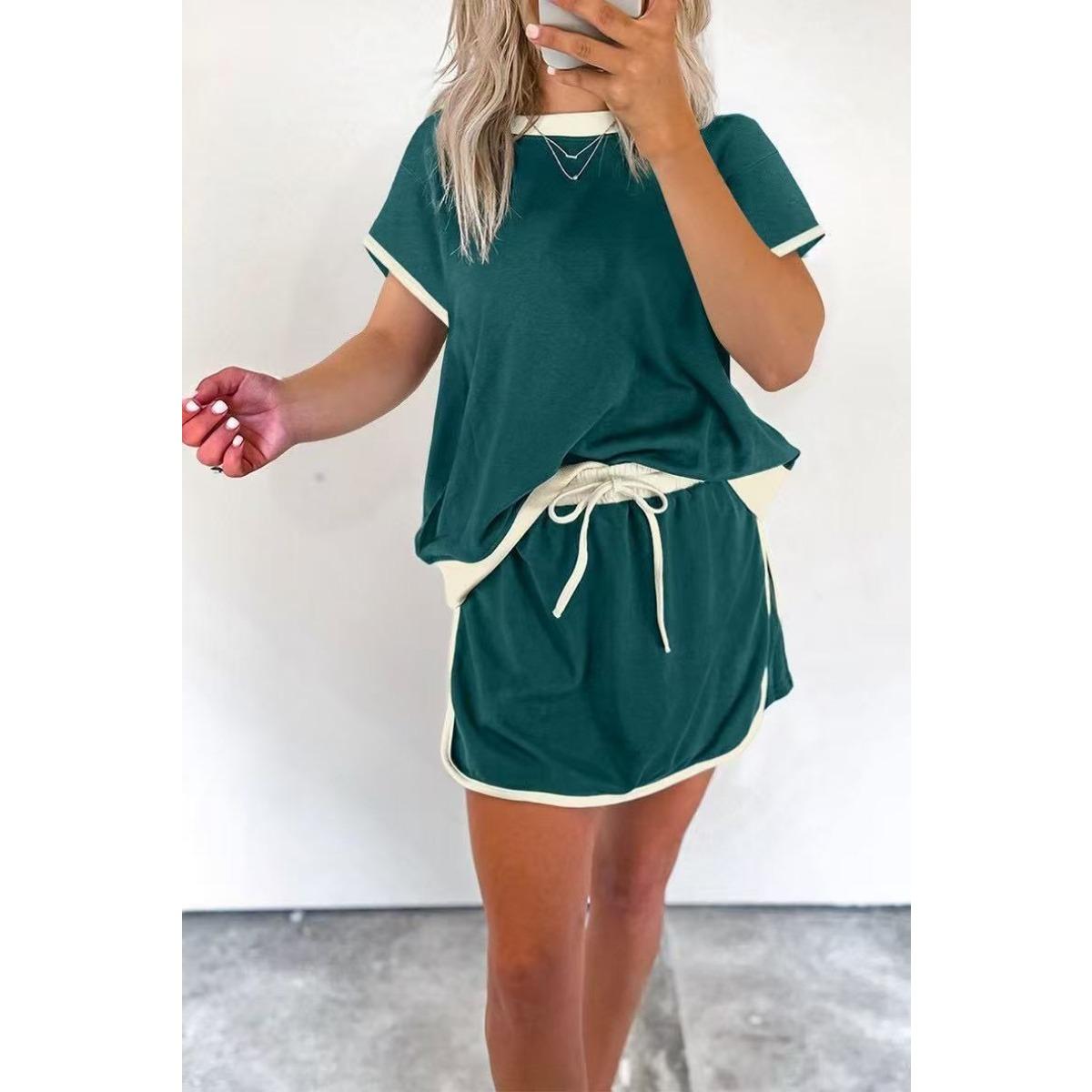 

Летний новый свободный спортивный повседневный европейский и американский модный комплект юбки с короткими рукавами и цветными блоками XXL темно-зеленого