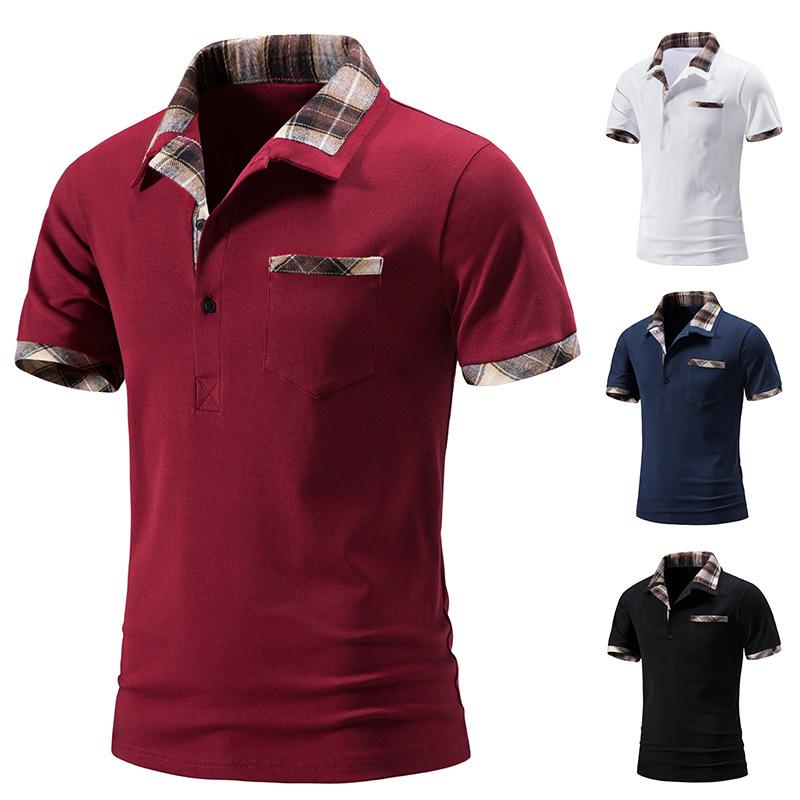 Summer Men's Casual Loose Short Sleeve T-shirt Men's Plaid Color Matching Lapel Polo Shirt