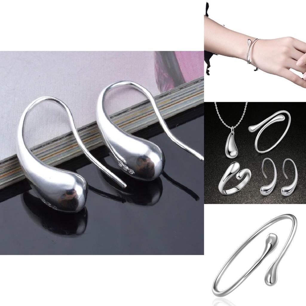Elegant Silver Plated Water Drop Jewelry Set Featuring Bracelet Necklace Earrings And Ring