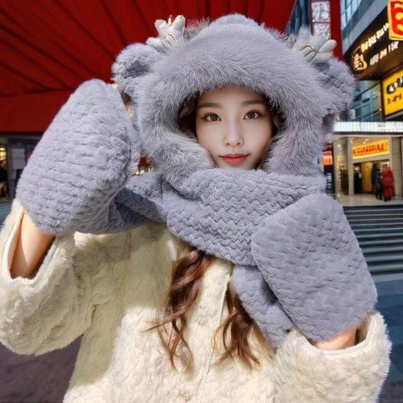 Winter Dragon Ball Cute Hat for Women Thickened Gloves Scarf Integrated Scarf Hooded Plush All Match Warm Three Piece Set