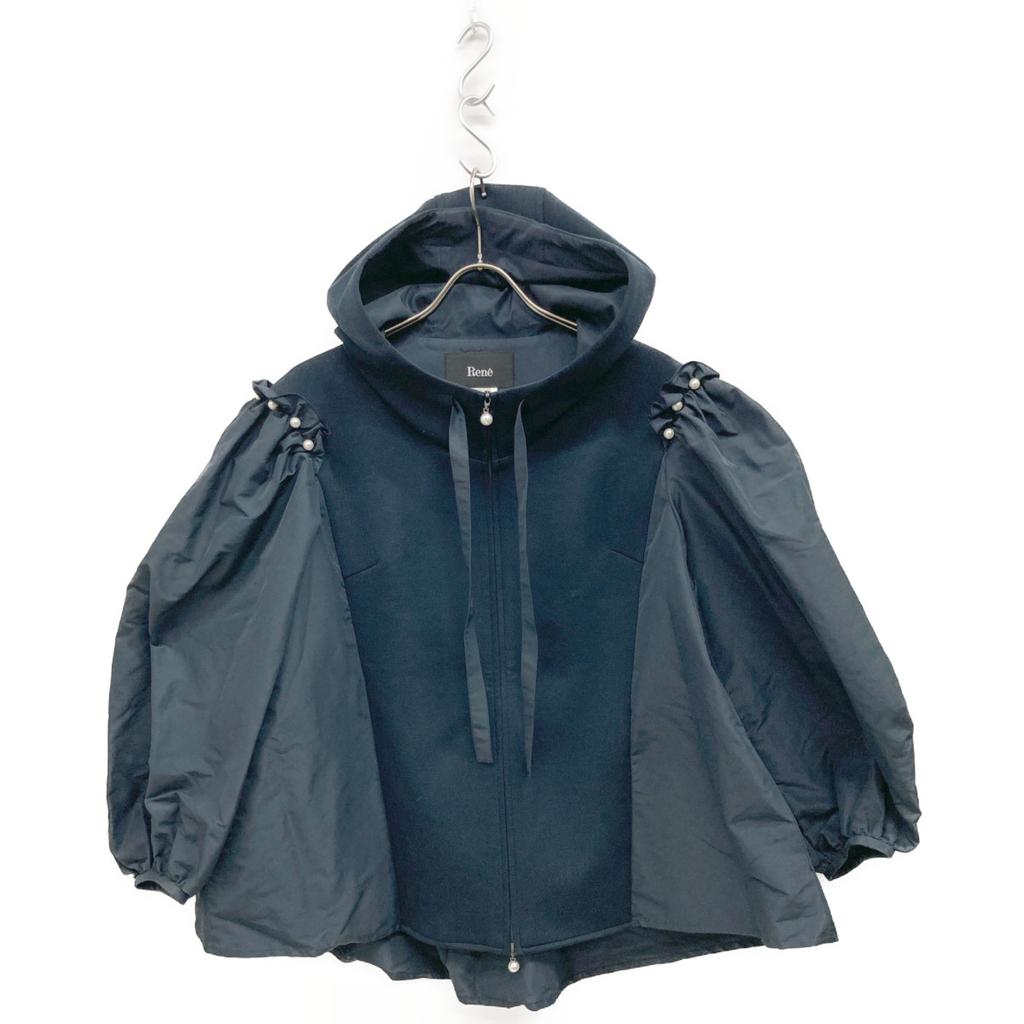 Rene 5417920 Navy Rayon Blend Coated Pearl Contrast Bag Gather Hooded Blouson Jacket 38 NavyUsed