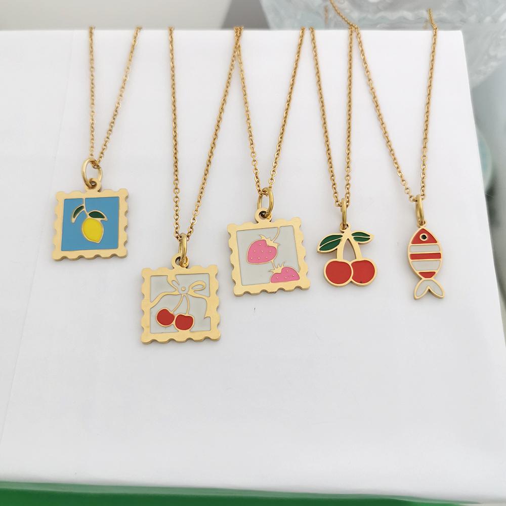 QMHJE Pendant Necklace Women Stainless Steel Strawberry Cherry Fish Lemon Slim Chain Choker Gold Waterproof