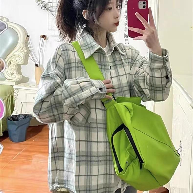 Green plaid shirt women's spring and autumn new loose outer wear design sense niche shirt POLO collar top jacket