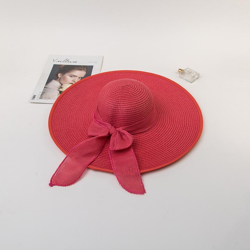 Damen Strohsonnenhut mit extra breiter Krempe, Sommer UV-Schutz Hut mit breiter Krempe und Schleife, Strand Sonnenschutz Schlapphut, Elegante Urlaubsreise Sonnenkappe