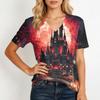 Women's Casual V Neck Pullover Top Halloween Themed Graphic Print Short Sleeve T Shirt Lightweight Comfortable Fit