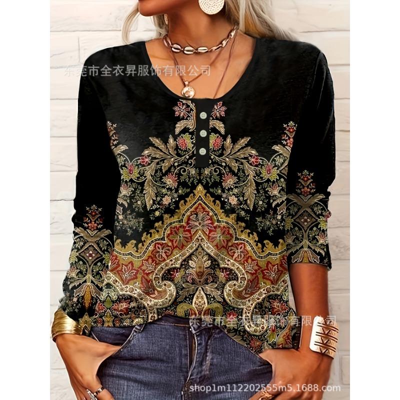 

Женские модные повседневные весенне-осенние блузки и рубашки с круглым вырезом и длинными рукавами с цветочным узором и принтом L чёрный