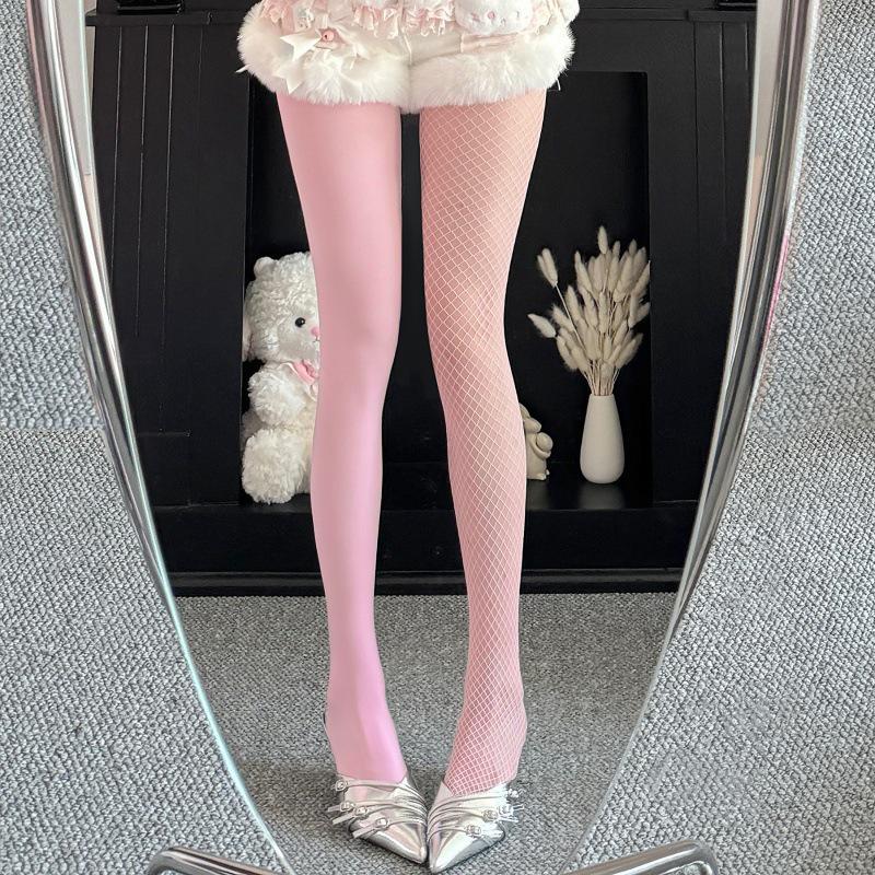 Yin Yang Fishnet Velvet Patchwork Tights - Black & White, Purple Color Block, JK Style, Pure Desire.