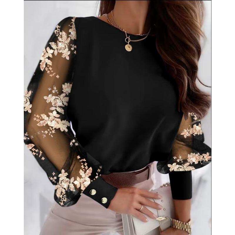 Long-sleeved Fashion Round Neck Hollow Long-sleeved Shirt Shirt Women's Clothing